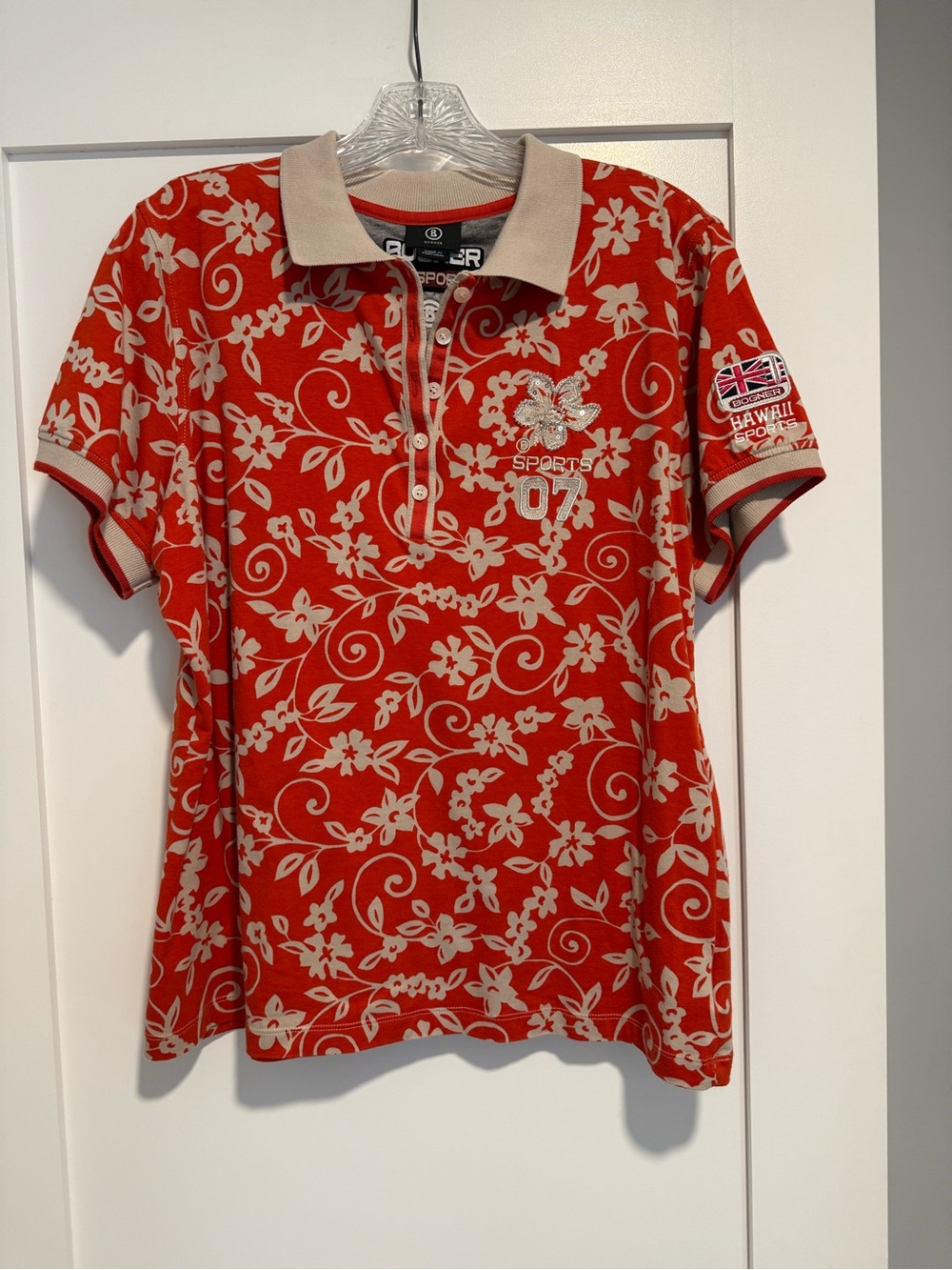 Bogner Sport Floral Polo Top in Orange and Creme, Size XL